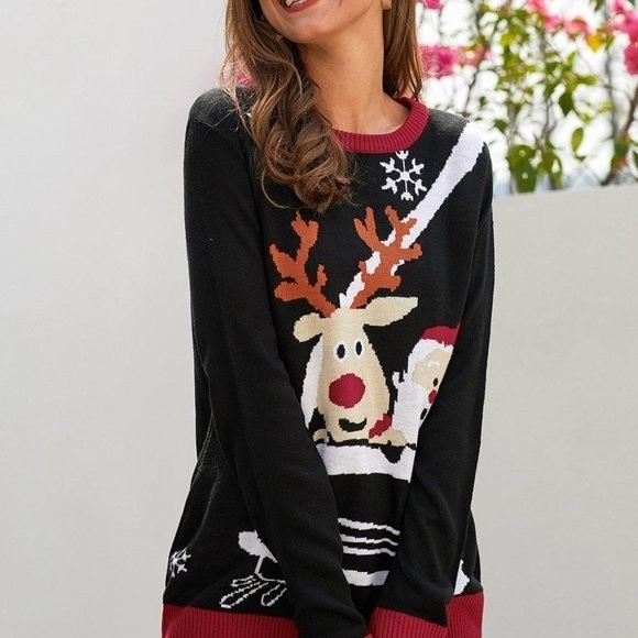Black Reindeer Santa Clause Cartoon Print Ugly Christmas Sweater - Picture 6 of 8